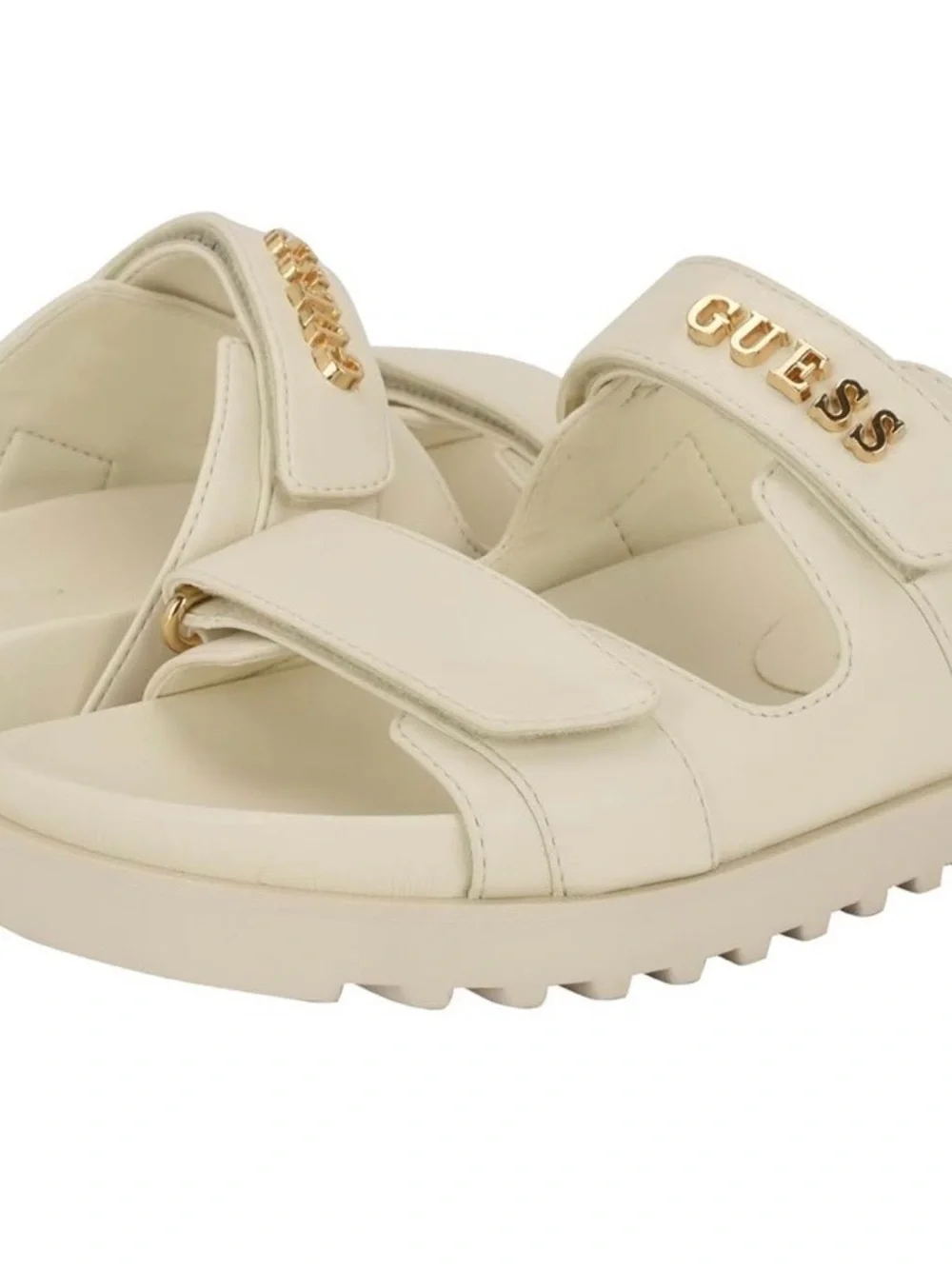 GUESS Cream Slide Sandals with Gold Logo Hardware